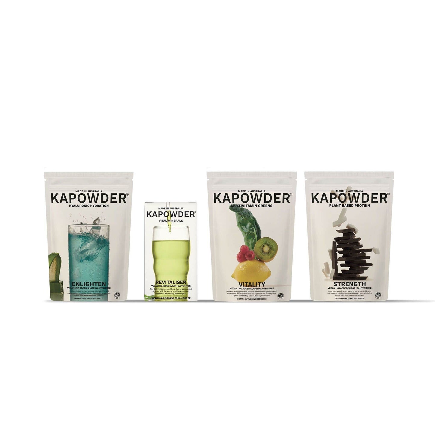 KAPOWDER® BUNDLE VITALITY | Matcha-Infused Daily Greens Multivitamin Powder + ENLIGHTEN | Electrolyte Powder with Ingestible Hyaluronic Acid + REVITALISER | Concentrated Essential Mineral Formula + STRENGTH | Vegan-Friendly Protein Powder ENERGY BUNDLE - VITALITY + REVITALISER + ENLIGHTEN + STRENGTH